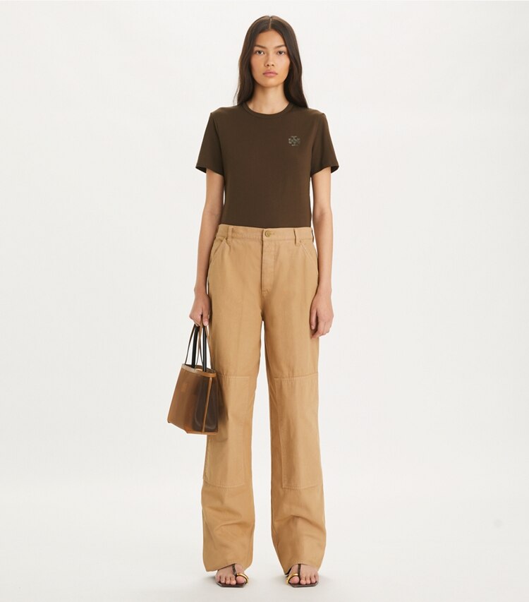 Tory Burch designer tops Embellished Logo T-Shirt in Deep Brown on model front