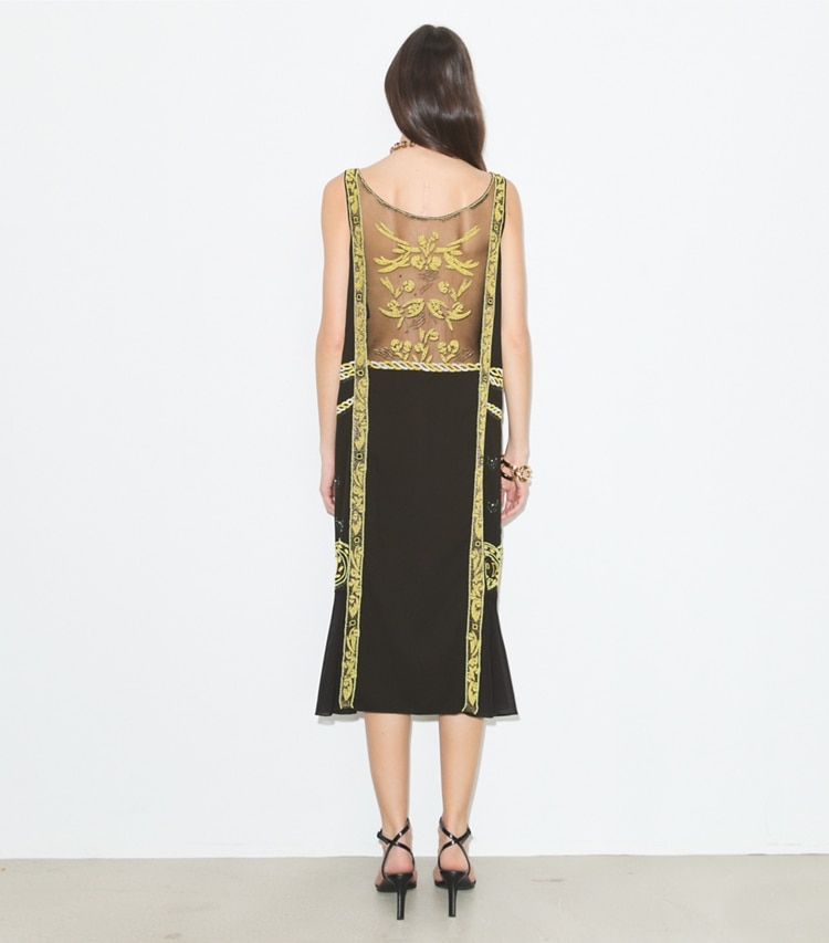 Tory Burch designer dresses Embellished Mesh Dress in Coconut on model back