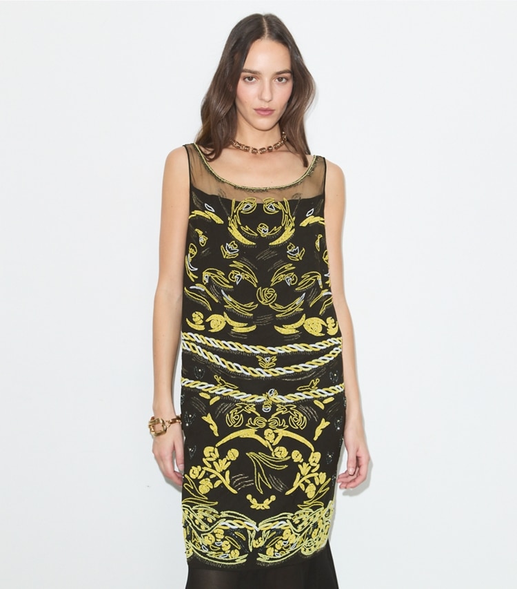 Tory Burch designer dresses Embellished Mesh Dress in Coconut on model detail