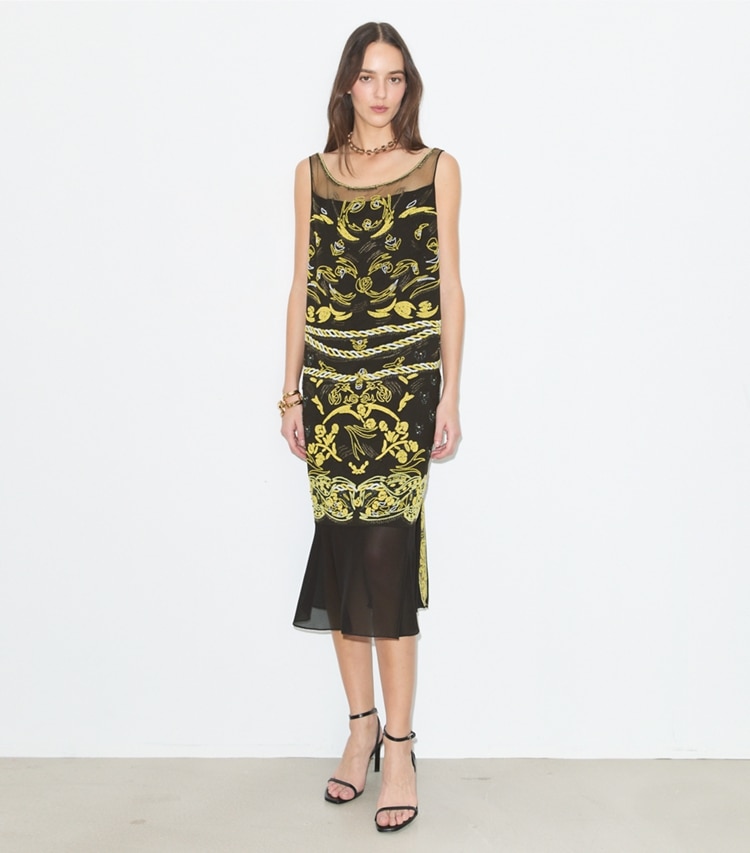 Tory Burch designer dresses Embellished Mesh Dress in Coconut on model front