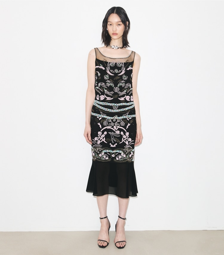 Tory Burch designer dresses Embellished Mesh Dress in BLACK on model front