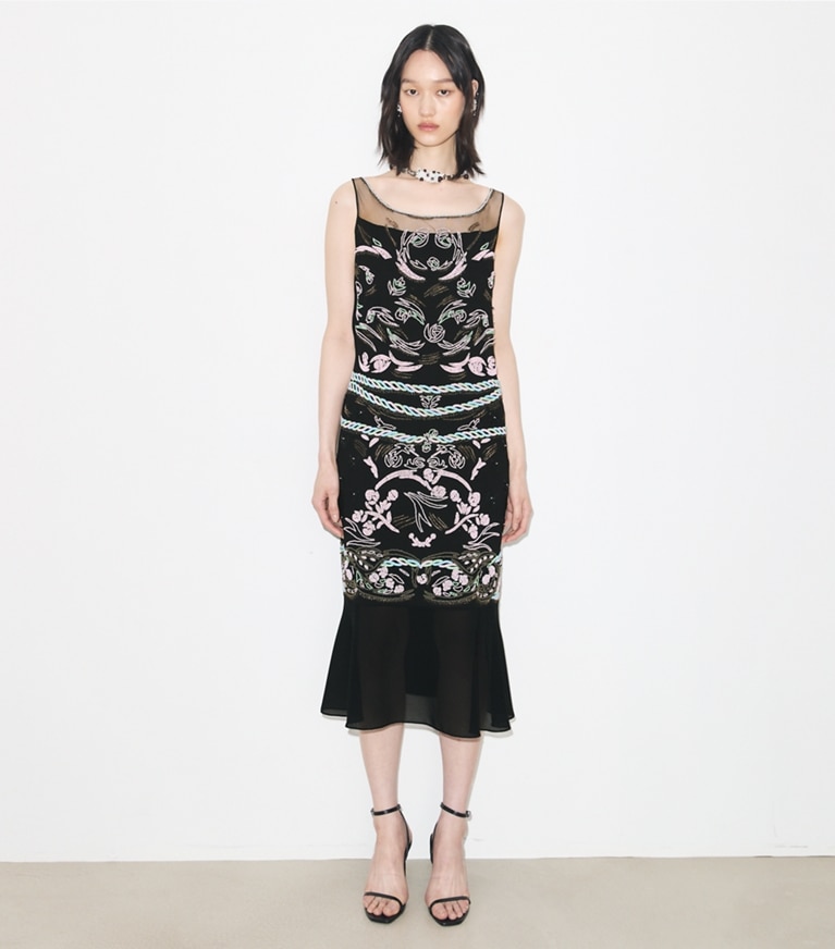 Tory Burch designer dresses Embellished Mesh Dress in BLACK on model front