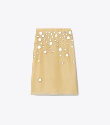 Tory Burch designer bottoms Embellished Mirror Skirt in Soft Wheat front