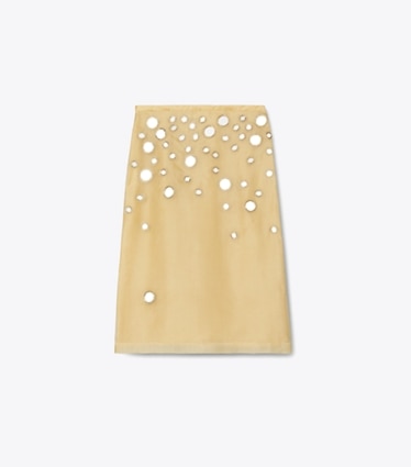 Tory Burch designer bottoms Embellished Mirror Skirt in Soft Wheat front