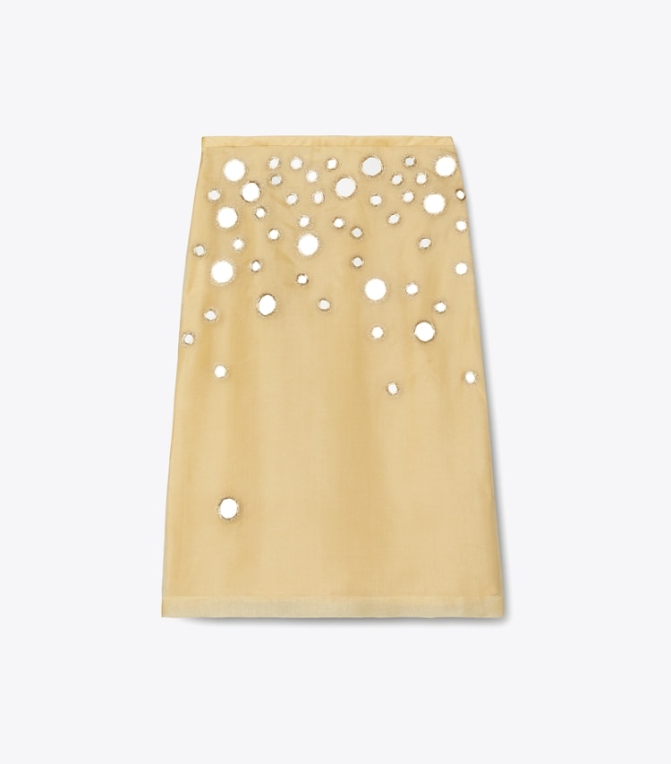 Tory Burch designer bottoms Embellished Mirror Skirt in Soft Wheat front