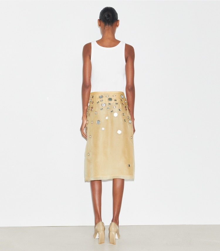 Tory Burch designer bottoms Embellished Mirror Skirt in Soft Wheat on model back