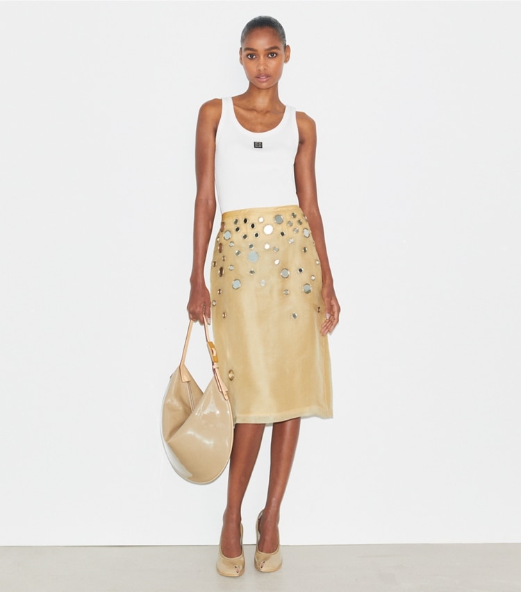 Tory Burch designer bottoms Embellished Mirror Skirt in Soft Wheat on model front