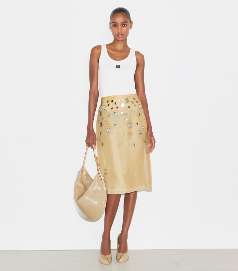 Tory Burch designer bottoms Embellished Mirror Skirt in Soft Wheat front