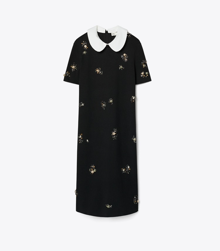 Tory Burch designer dresses Embellished Poplin Collar Sweater Dress in Black front