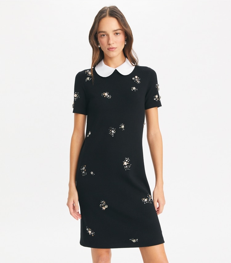 Tory Burch designer dresses Embellished Poplin Collar Sweater Dress in Black on model detail