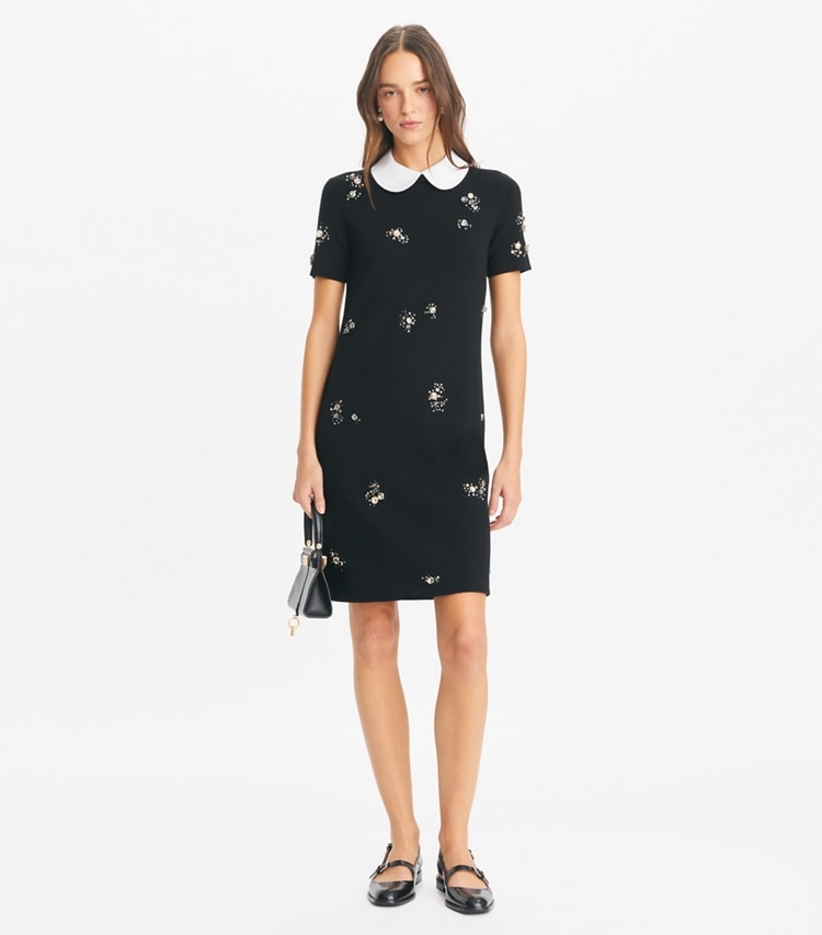 Tory Burch designer dresses Embellished Poplin Collar Sweater Dress in Black on model front