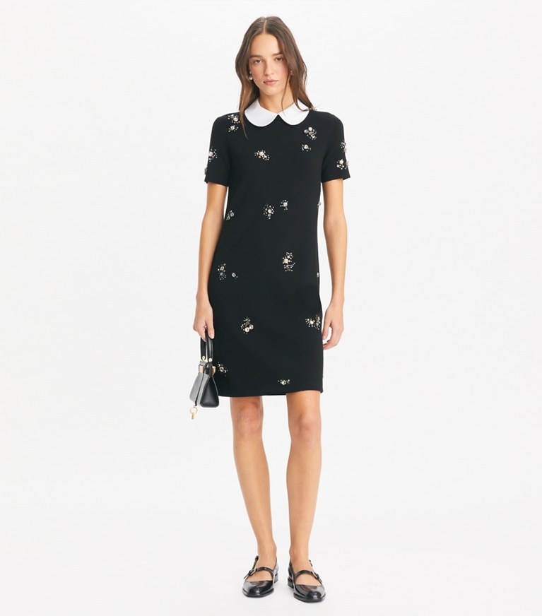 Tory Burch designer dresses Embellished Poplin Collar Sweater Dress in Black front