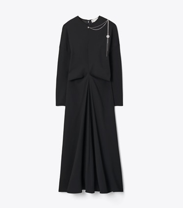 Tory Burch designer dresses Embellished Satin Crepe Dress in BLACK front