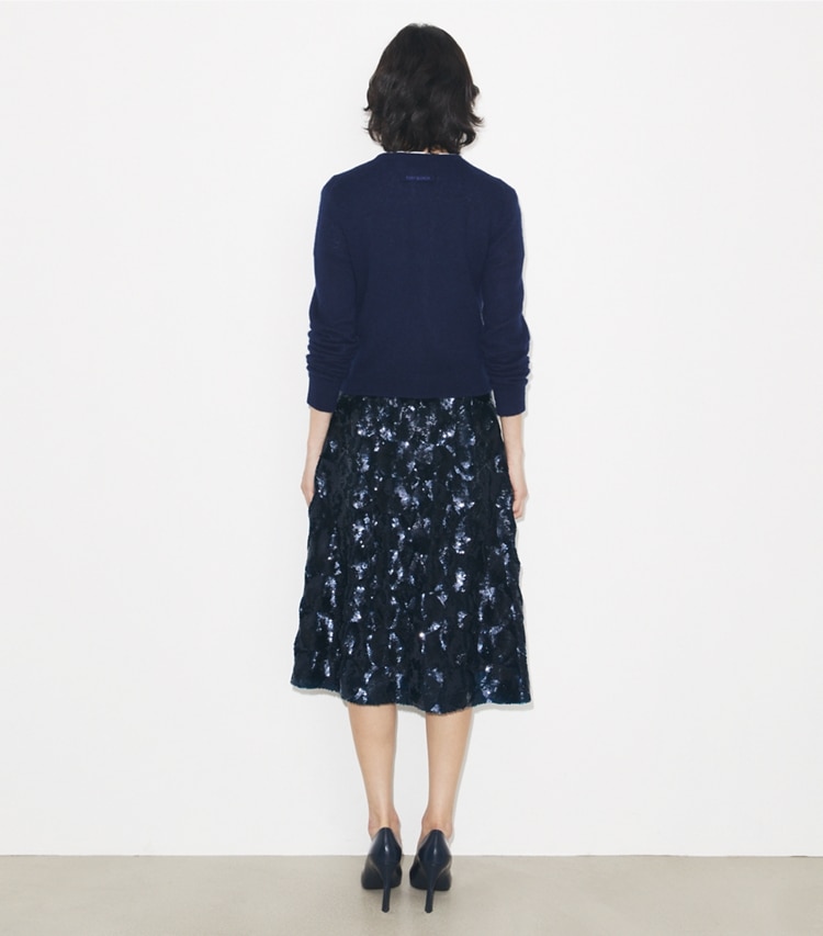 Tory Burch designer bottoms Embellished Sequin Skirt in Navy on model back