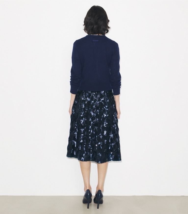 Tory Burch designer bottoms Embellished Sequin Skirt in Navy on model back