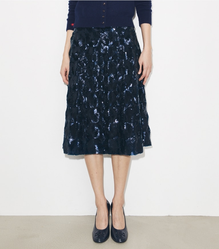 Tory Burch designer bottoms Embellished Sequin Skirt in Navy on model detail
