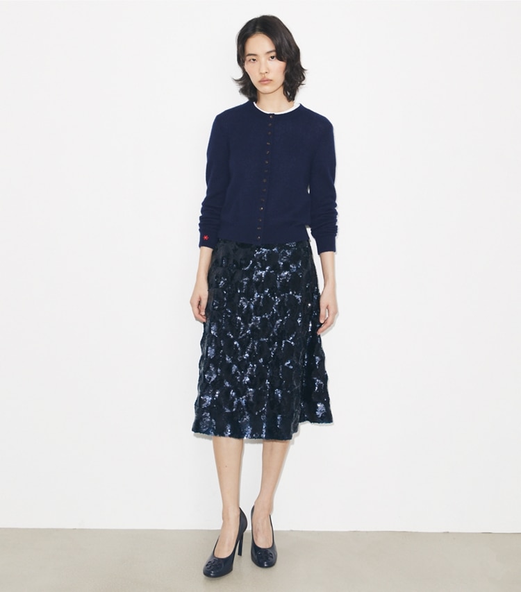 Tory Burch designer bottoms Embellished Sequin Skirt in Navy on model front