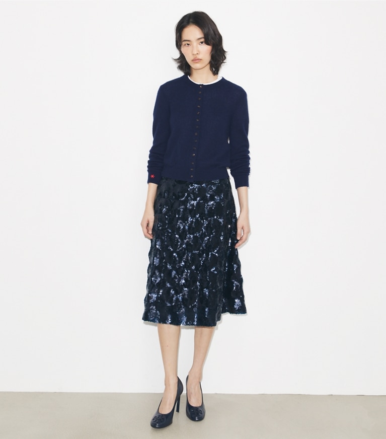 Tory Burch designer bottoms Embellished Sequin Skirt in Navy on model front