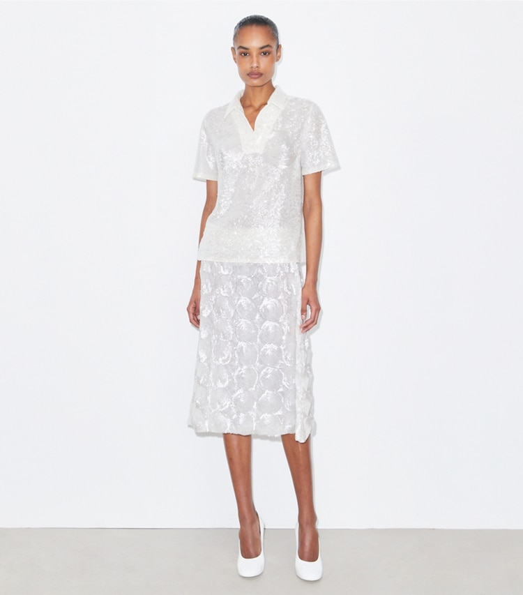 Tory Burch designer bottoms Embellished Sequins Skirt in Marshmallow on model front