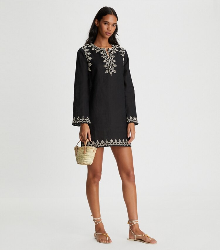 Tory Burch designer coverups Embellished Short Caftan in Black on model front