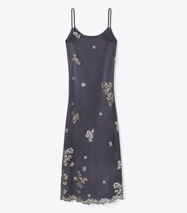 Tory Burch designer dresses Embellished Silk Dress in Bluestone front