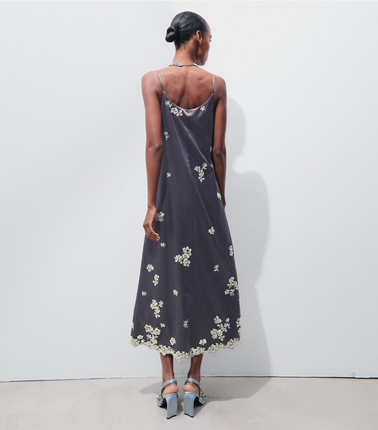 Tory Burch designer dresses Embellished Silk Dress in Bluestone on model back