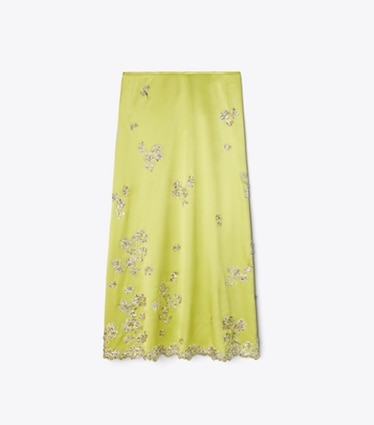 Tory Burch designer bottoms Embellished Silk Skirt in Green Citron front