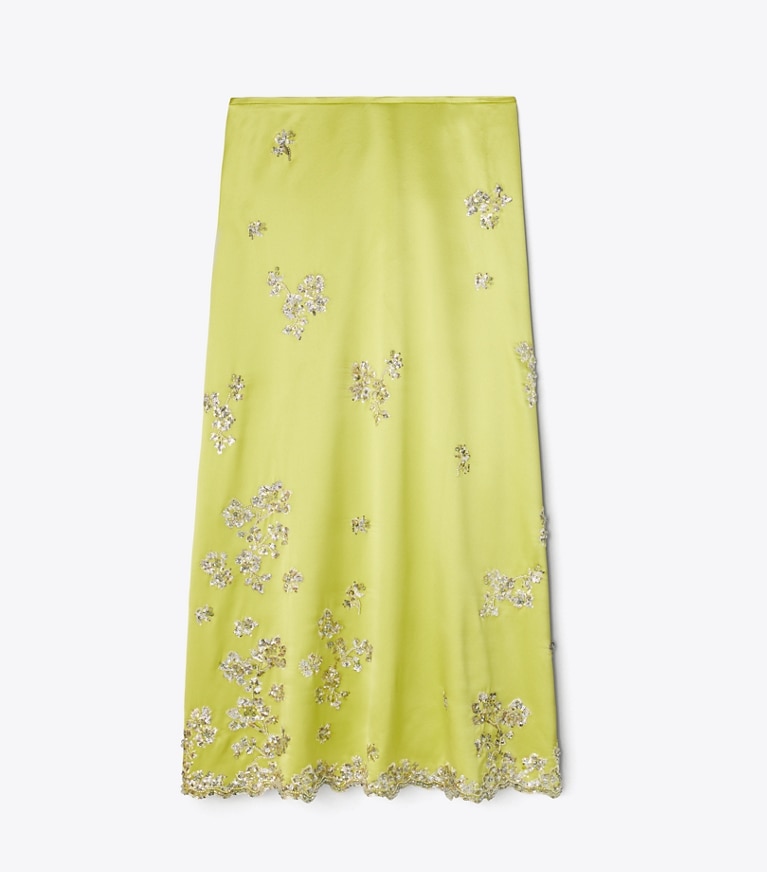 Tory Burch designer bottoms Embellished Silk Skirt in Green Citron front