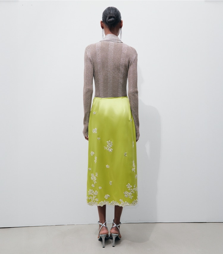 Tory Burch designer bottoms Embellished Silk Skirt in Green Citron on model back