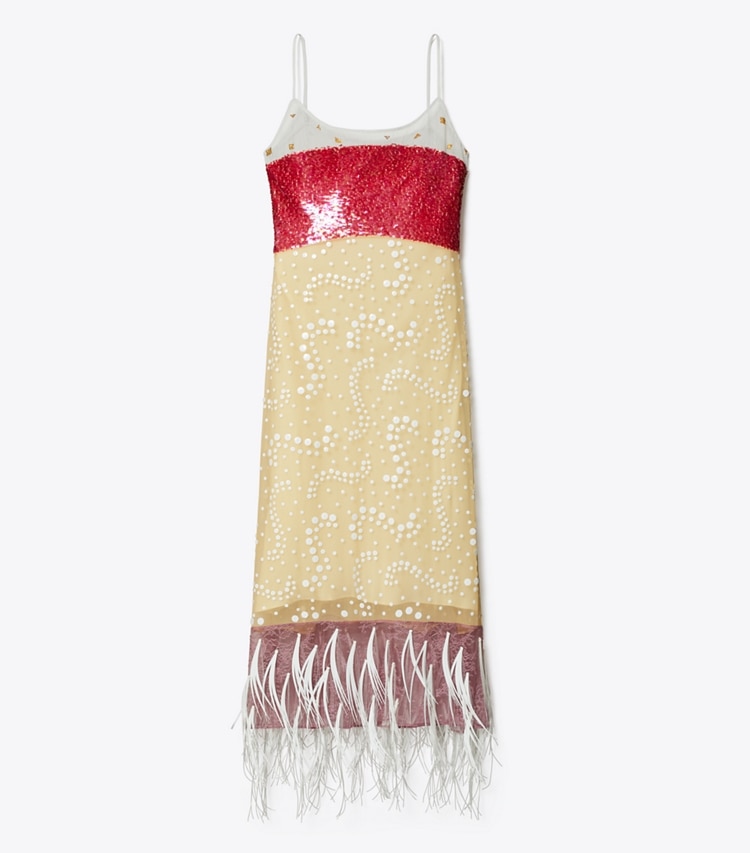 Tory Burch designer dresses Embellished Slip Dress in Pebbled Light Gray front