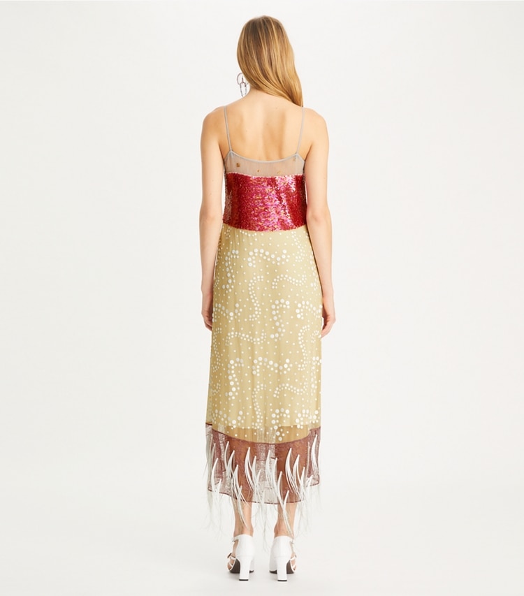 Tory Burch designer dresses Embellished Slip Dress in Pebbled Light Gray on model back