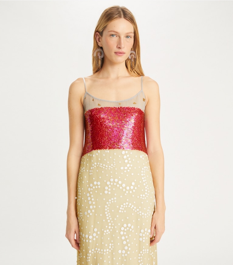 Tory Burch designer dresses Embellished Slip Dress in Pebbled Light Gray front