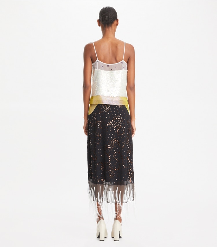 Tory Burch designer bottoms Embellished Slip Skirt in Pink Chartreuse on model back