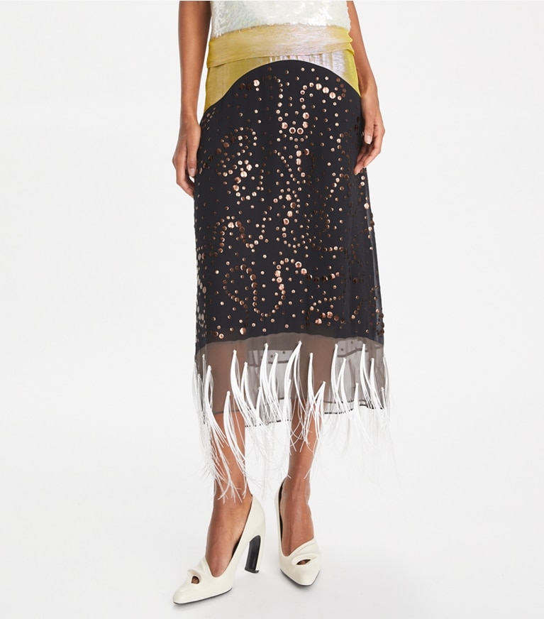Tory Burch designer bottoms Embellished Slip Skirt in Pink Chartreuse front