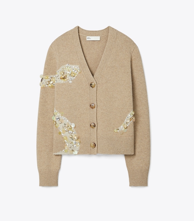 Tory Burch designer sweaters Embellished Snake Cardigan in Oatmeal Melange front