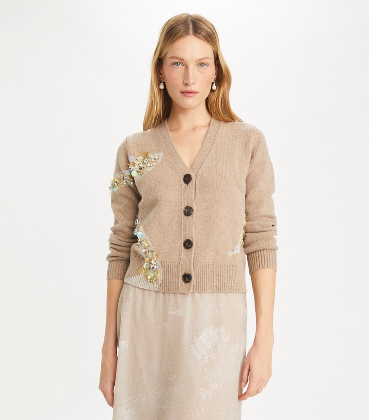 Tory Burch designer sweaters Embellished Snake Cardigan in Oatmeal Melange on model detail