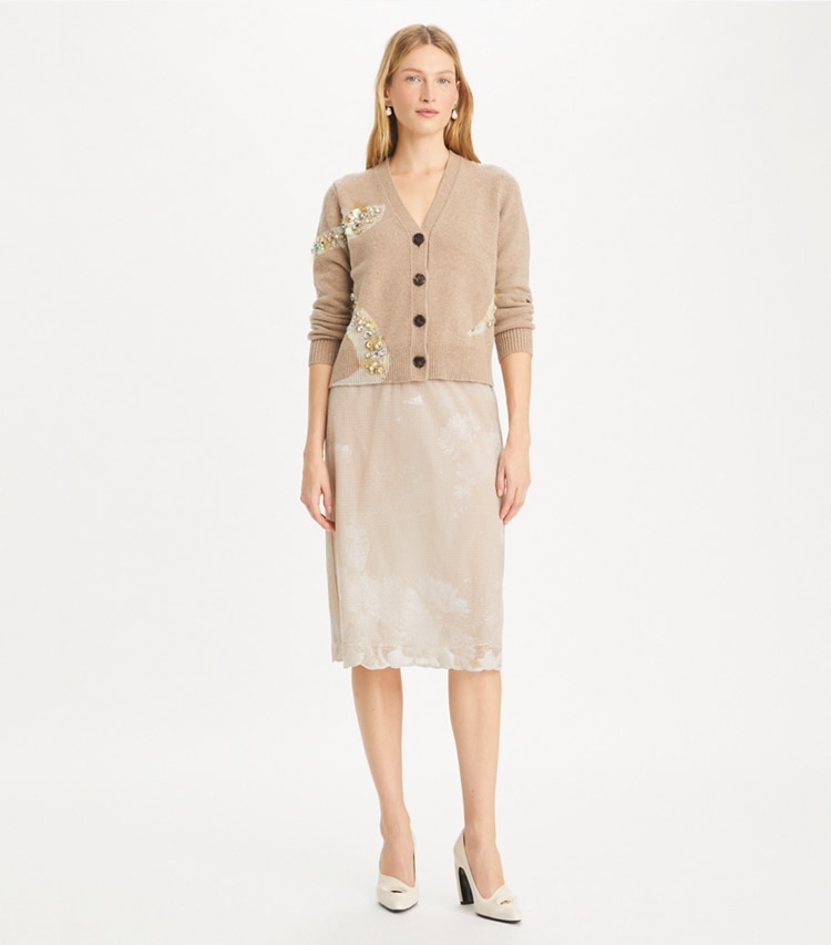 Tory Burch designer sweaters Embellished Snake Cardigan in Oatmeal Melange on model front