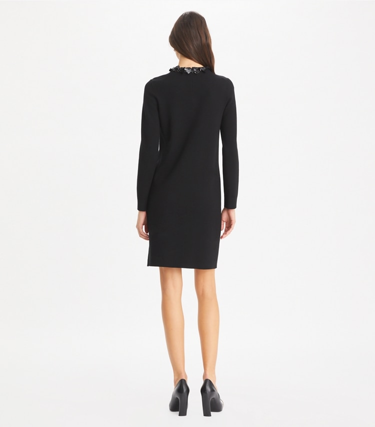 Tory Burch designer dresses Embellished Sweater Dress in Black on model back