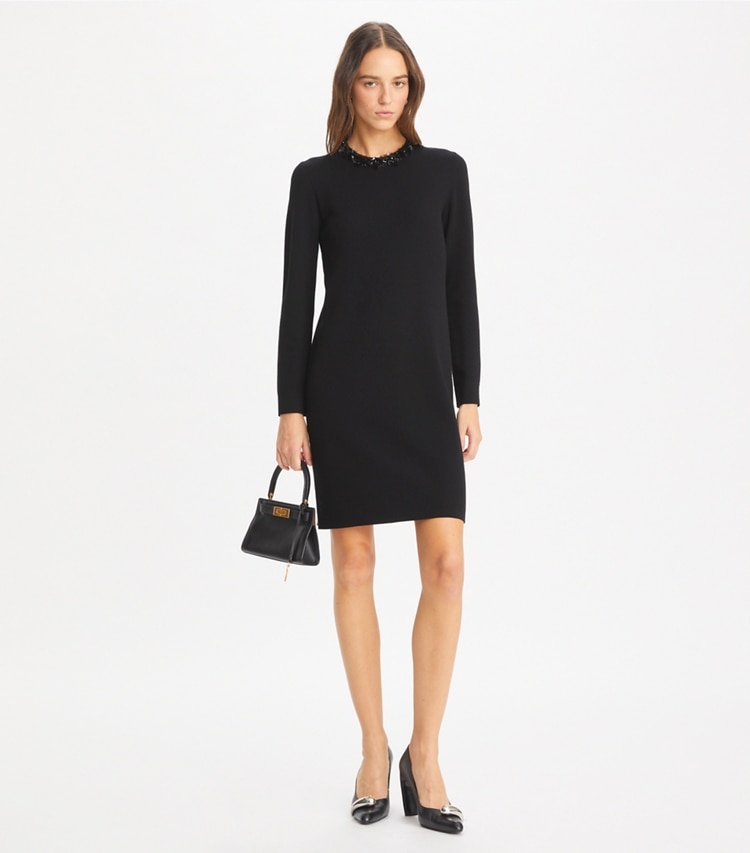 Tory Burch designer dresses Embellished Sweater Dress in Black on model front