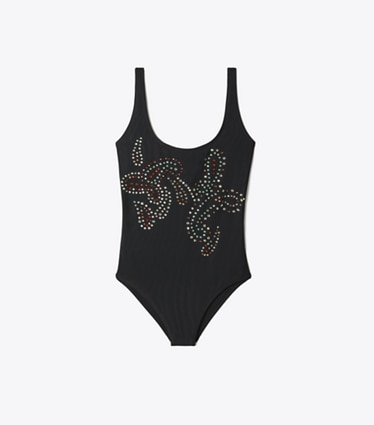 Tory Burch designer one pieces Embellished Swimsuit in Black front