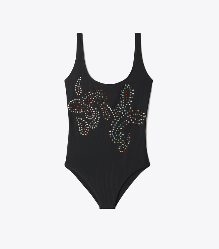 Tory Burch designer one pieces Embellished Swimsuit in Black front