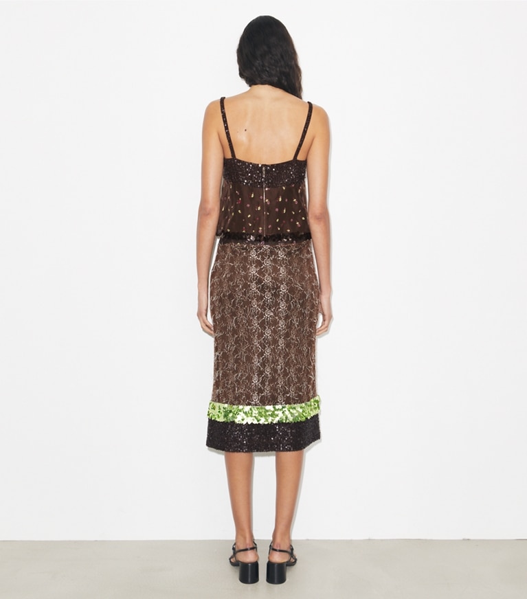 Tory Burch designer tops Embellished Tank in Coffee on model back