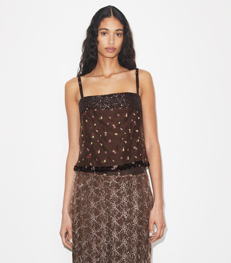 Tory Burch designer tops Embellished Tank in Coffee on model detail