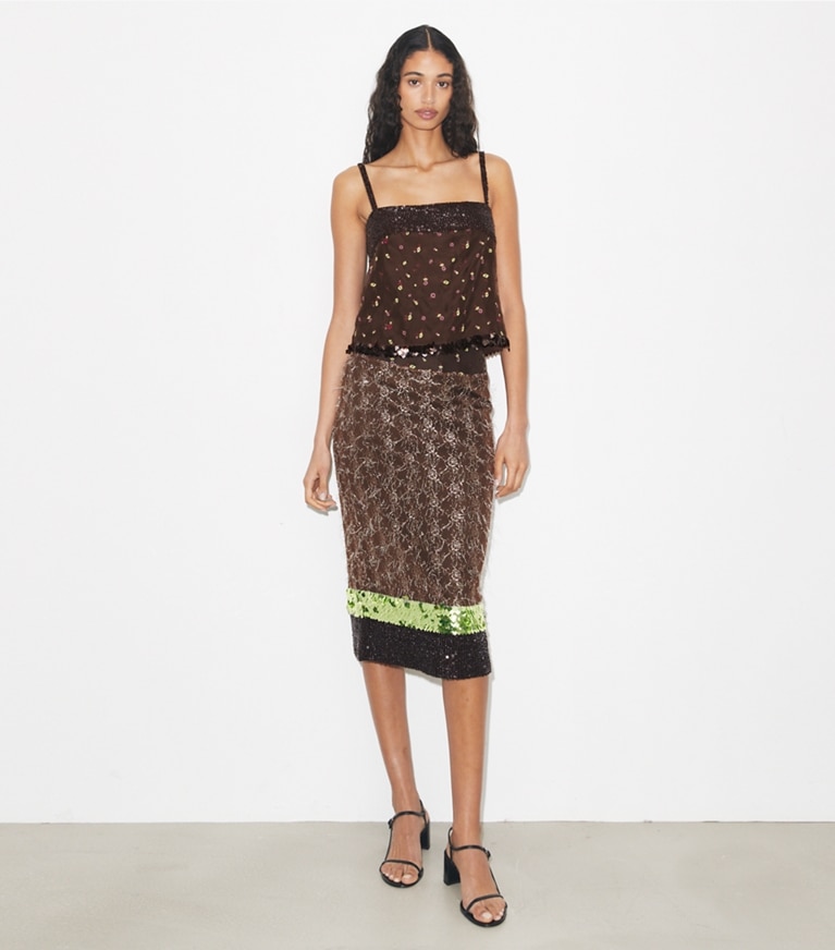 Tory Burch designer tops Embellished Tank in Coffee on model front