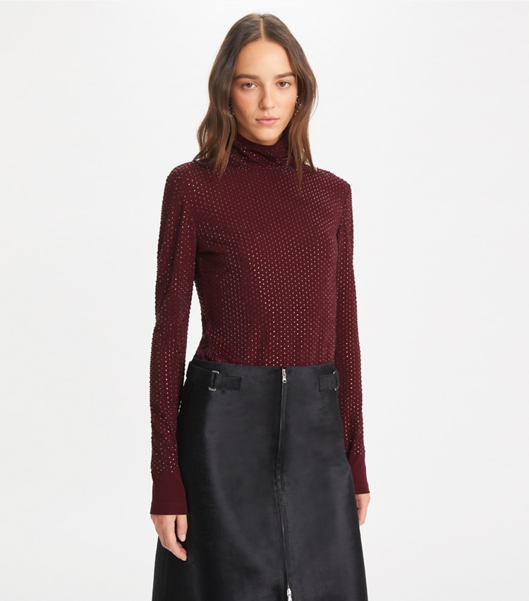 Tory Burch designer tops Embellished Viscose Jersey Turtleneck in Divine Burgundy on model detail