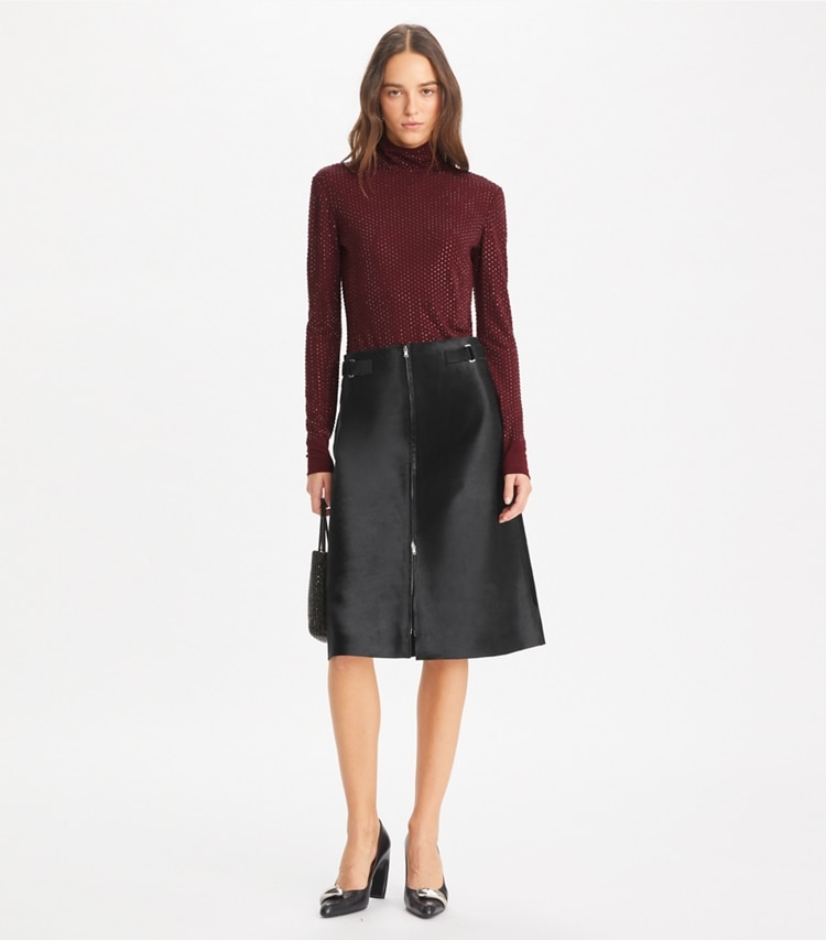 Tory Burch designer tops Embellished Viscose Jersey Turtleneck in Divine Burgundy on model front