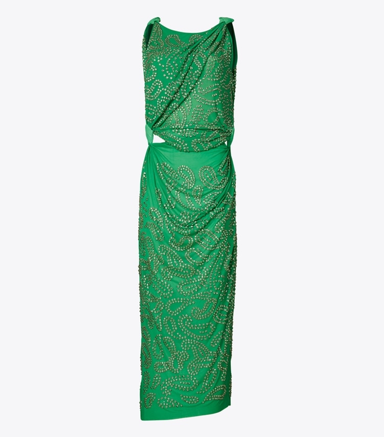 Tory Burch designer dresses Embellished Viscose Knot Dress in Spring Jade front
