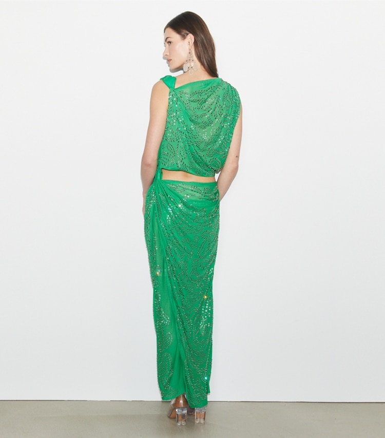 Tory Burch designer dresses Embellished Viscose Knot Dress in Spring Jade on model back
