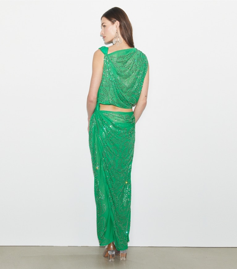 Tory Burch designer dresses Embellished Viscose Knot Dress in Spring Jade front
