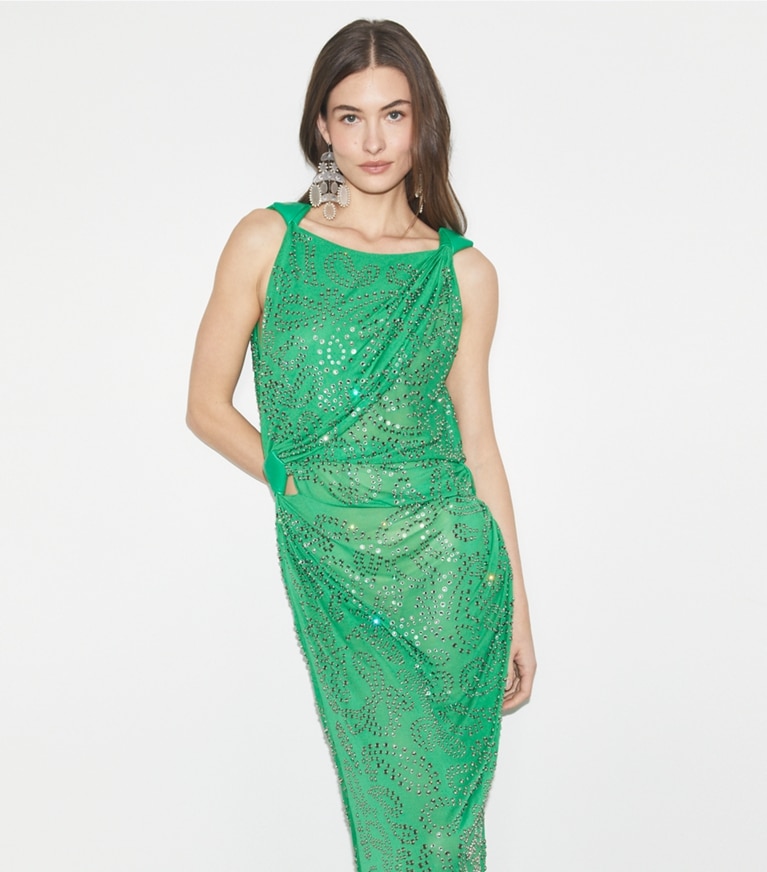 Tory Burch designer dresses Embellished Viscose Knot Dress in Spring Jade front